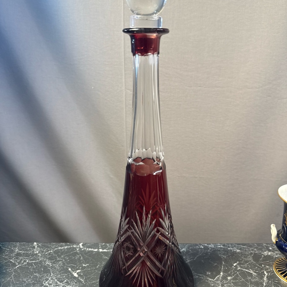 Vintage Bohemian Cranberry to Clear Cut Glass Crystal Decanter with Stopper - Picture 2 of 10